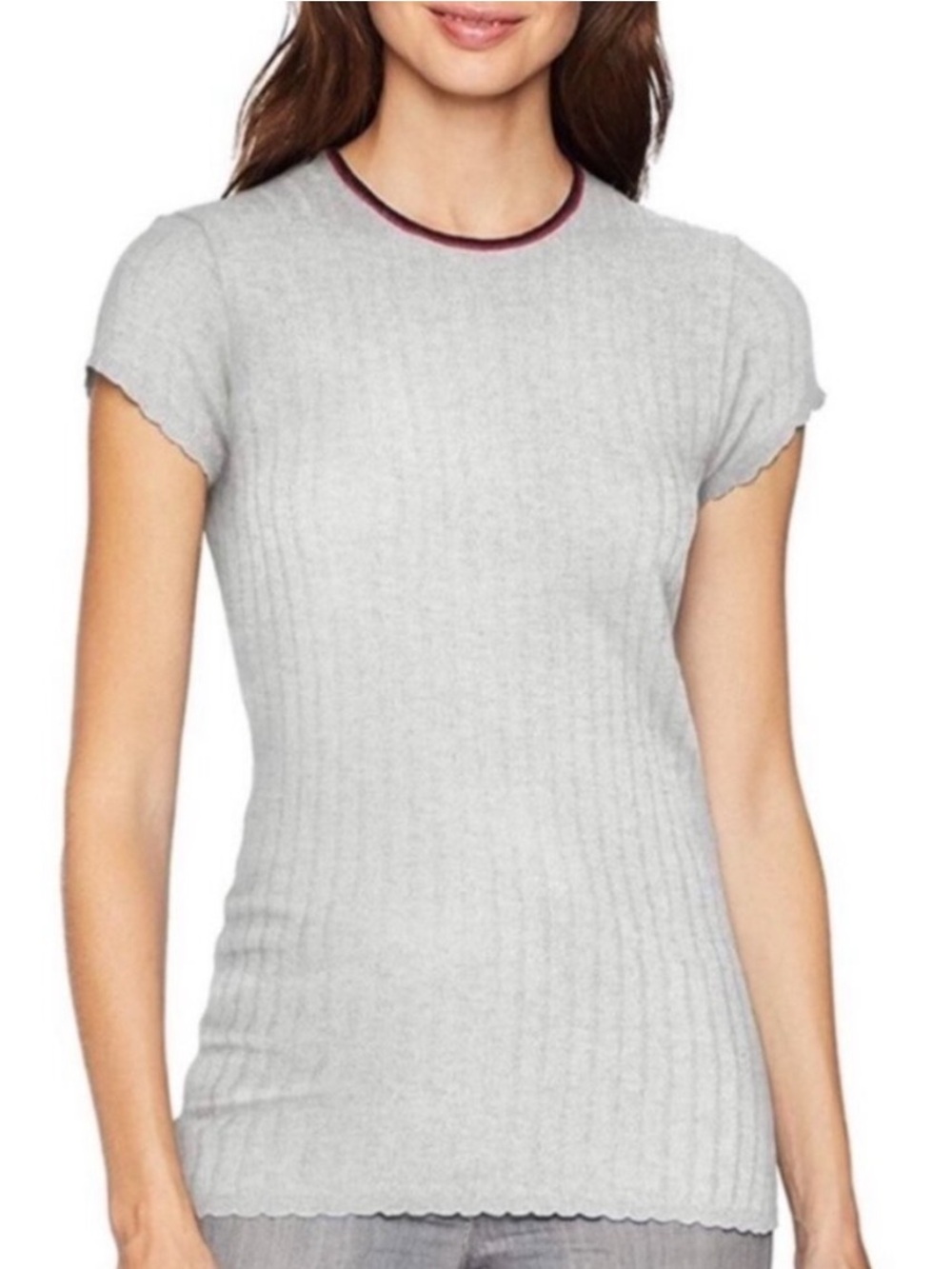 Joie‎ Filana Sweater Size S Gray Wool Ribbed Knit Scalloped Short Sleeve Office